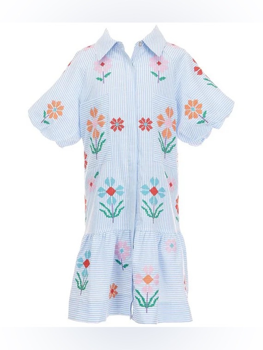 J. Marie Hunter Striped Dress With Floral Embroidery